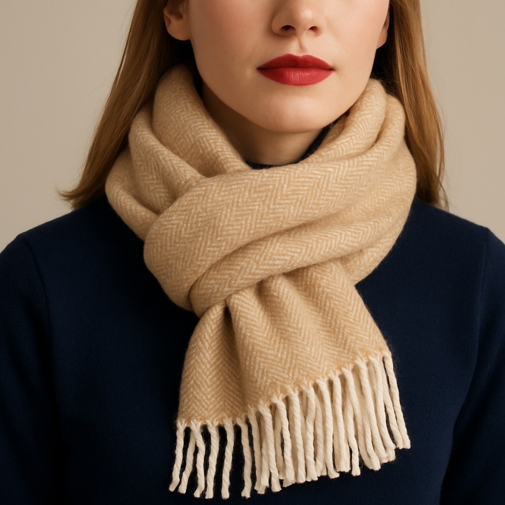 100% Laine Wool Classic Herringbone Beige Tan Lightweight Warm Winter Scarf